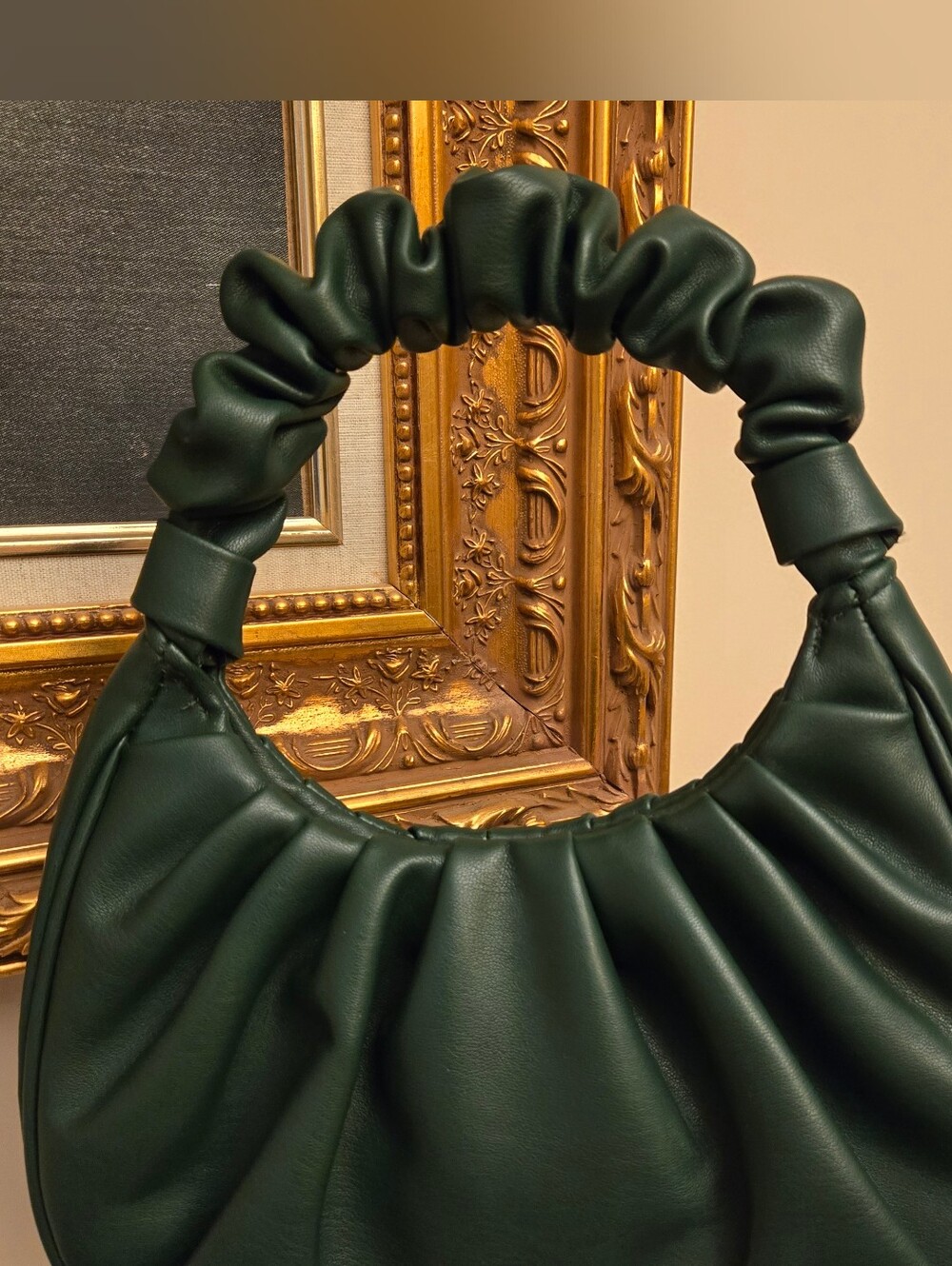 Ruched Hobo Bag Dark Green Pleated Shoulder Purse Scrunchie Handle Minimalist
